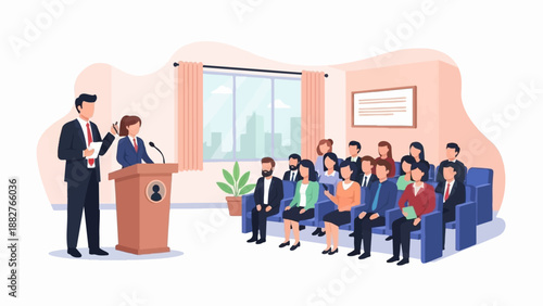 Business conference with speakers at podium and seated audience