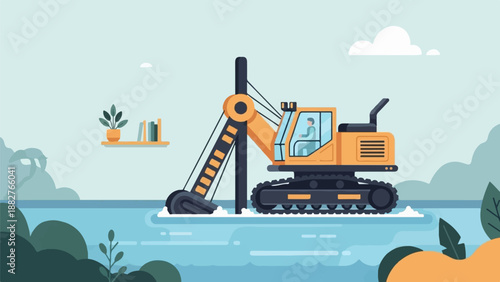 Construction excavator working in water, illustration