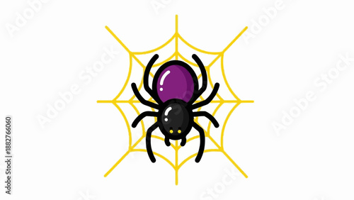 Cartoon spider with purple abdomen on a yellow web