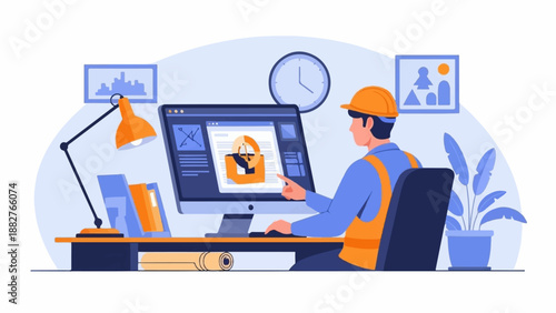 Construction professional at computer desk with blueprints, desk lamp, and plant