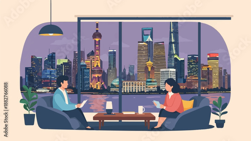 Business meeting in modern city office overlooking skyline at dusk