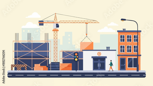 Construction site with crane, unfinished building, and pedestrian