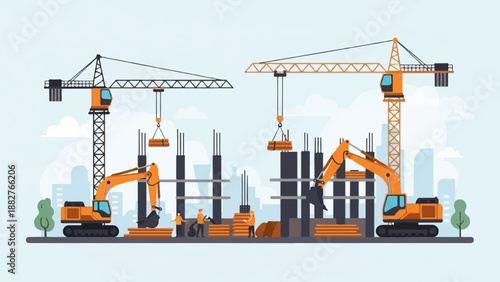Construction site with cranes, excavators, workers, and building materials under blue sky