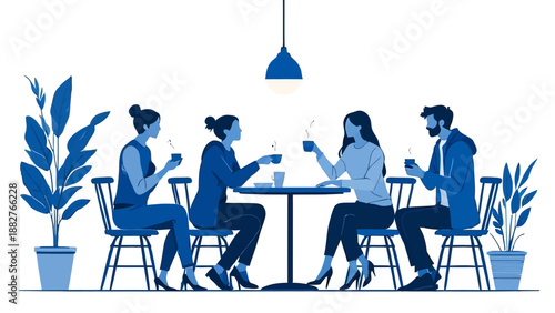Minimal line illustration of people enjoying coffee together in a friendly atmosphere. Modern flat vector style representing social connection, conversation, lifestyle, friendship, and cafe culture