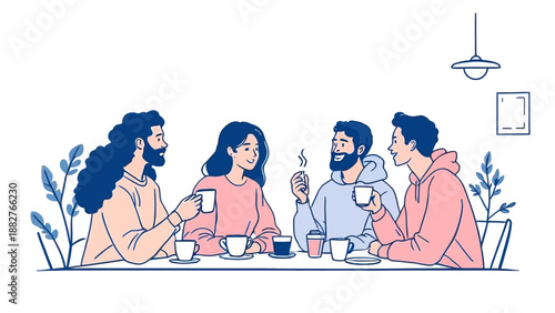 Minimal line illustration of people enjoying coffee together in a friendly atmosphere. Modern flat vector style representing social connection, conversation, lifestyle, friendship, and cafe culture