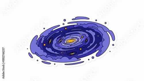 Cartoon style spiral galaxy with purple clouds and yellow stars