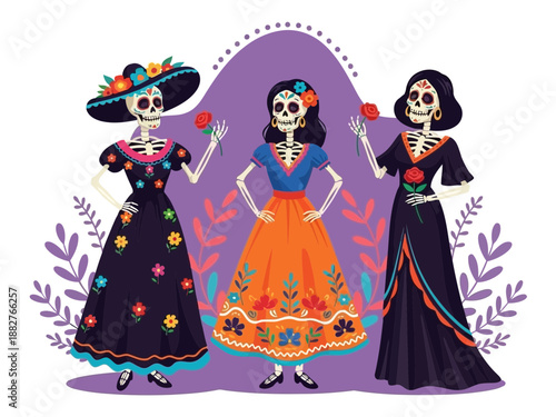 Colorful illustration of three sugar skull women in traditional mexican dresses