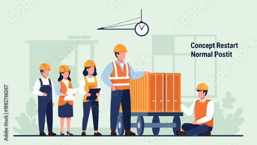 Construction team discusses plans by cargo containers near a clock