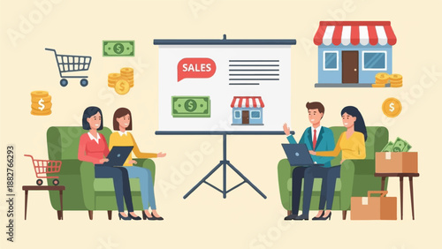 Business meeting presentation about sales growth with money and store icons