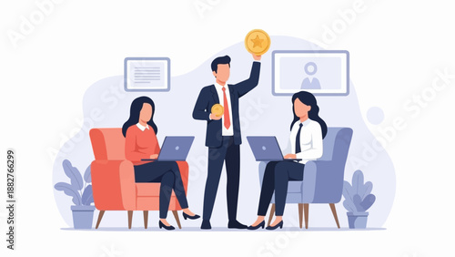 Business meeting where one person holds coins, two people work on laptops