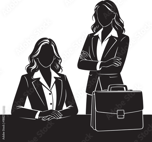 Professional business women silhouettes standing and sitting in the office