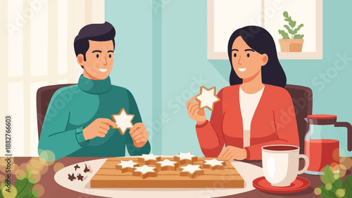Couple enjoying star-shaped cookies and drinks indoors
