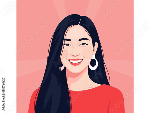 A smiling asian woman with long black hair and red shirt on pink background