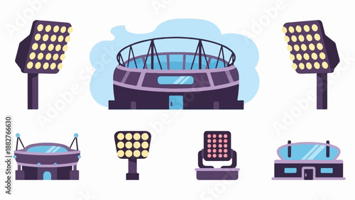 Collection of flat design stadium lights and simplified sport arenas