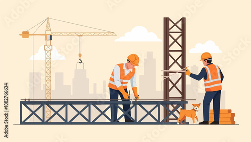 Construction workers building, crane, dog and city skyline