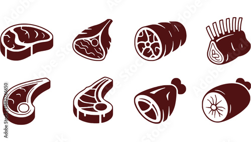 A collection of various raw meat cuts on a white background illustration