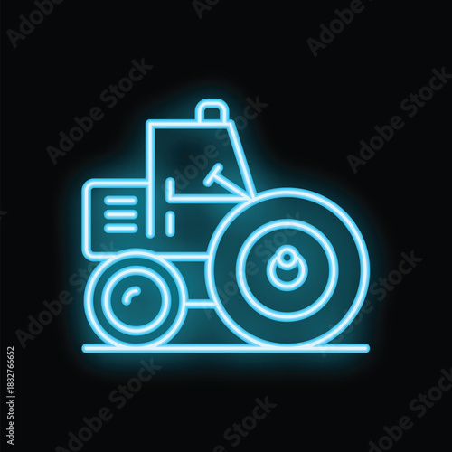Blue neon icon of a tractor working on a farm, representing agriculture and farming activities