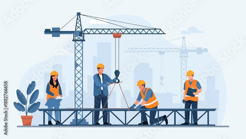 Construction workers and cranes building a city structure