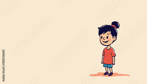 Cute hand drawn style vector illustration of a smiling young girl standing alone on a soft pastel background playful minimal and perfect for children education stories and design.
