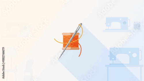 An illustration of a needle and orange thread spool with sewing machines in background