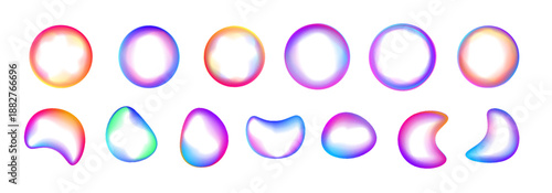 A circular PNG frame holds a glowing neon sphere. Liquid gradient shapes swirl around the smooth bubble circle. Tiny spark particles drift along the neon liquid. Vector illustration. 