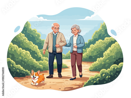 Elderly couple walking with corgi dog in park on sunny day outdoors