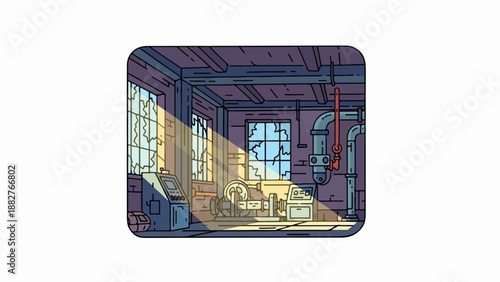 Abandoned factory interior with broken windows and industrial machinery