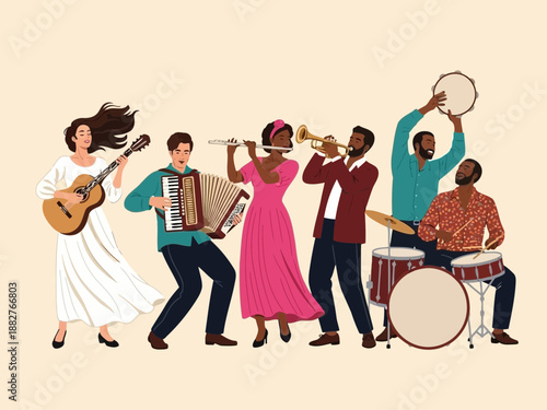 A group of people playing musical instruments on a colored background