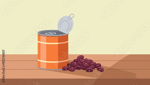 An opened tin can beside a small pile of dark red kidney beans