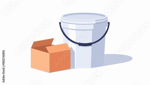 An open box and a white bucket sit side-by-side