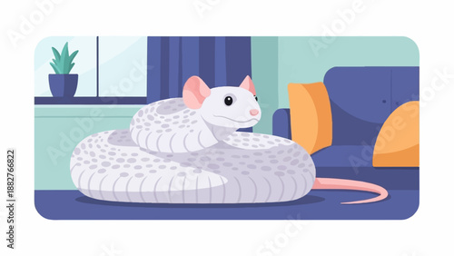 Cartoonish albino serpent resting coiled on a blue sofa near a window
