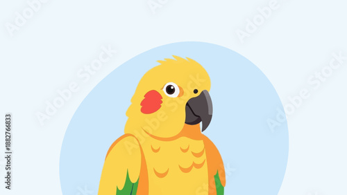 Cartoon yellow parrot with red cheek patch and green wing tips