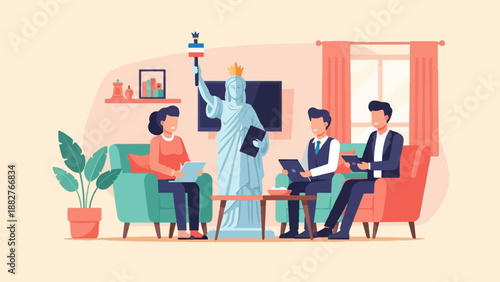 Business people meeting with Statue of Liberty representation in a modern office