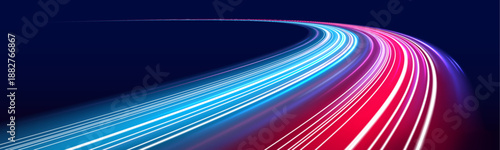 Glowing neon laser streaks flow across urban road. Motion lines, purple, blue and red energy waves, trail patterns combine with police signals showing high-speed traffic flow. Vector illustration .