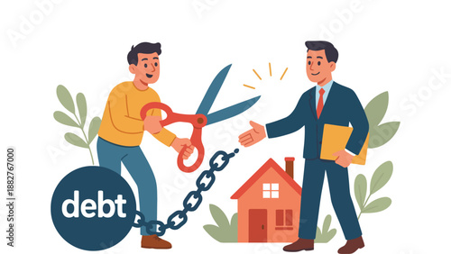 A man in a suit helps another man cut free from debt chains with scissors