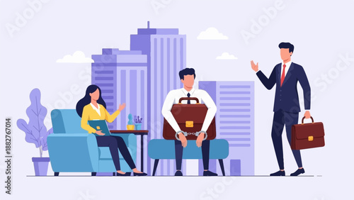 Business professionals discussing in a modern office setting with city backdrop