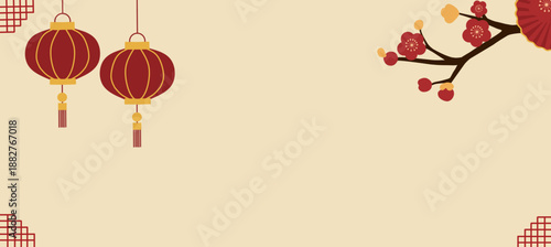 Happy chinese new year background with  hanging  lantern and flowers