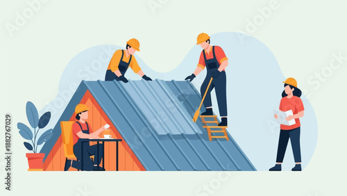 Construction workers repair a roof, one sits with coffee, another reviews plans
