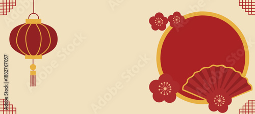 Chinese new year banner with circle  frame with lantern on red background.