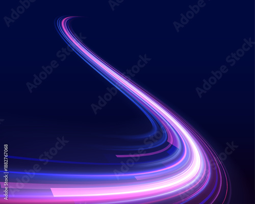 Neon laser streaks curve along city highway. Motion lines, purple and blue light waves, energy trails mix with flashes creating futuristic traffic movement. Vector illustration.