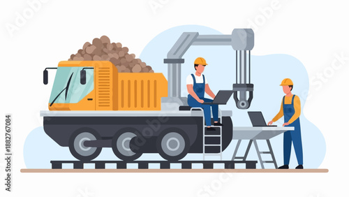 Construction workers using laptops with a dump truck and crane