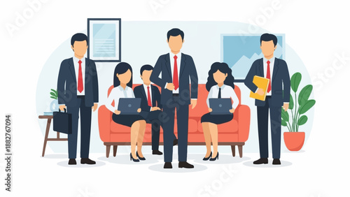 Business professionals in a meeting on a couch, one holding a folder