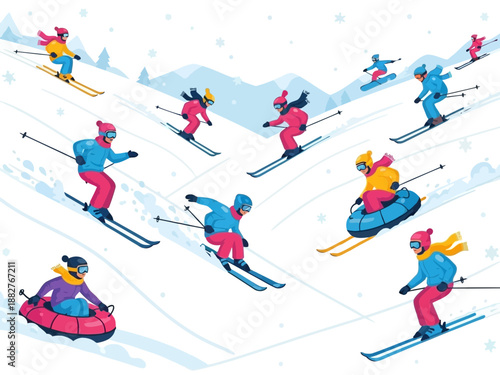 Colorful skiers and snowboarders in action