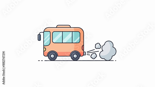 Cartoonish orange bus emitting exhaust fumes as it drives