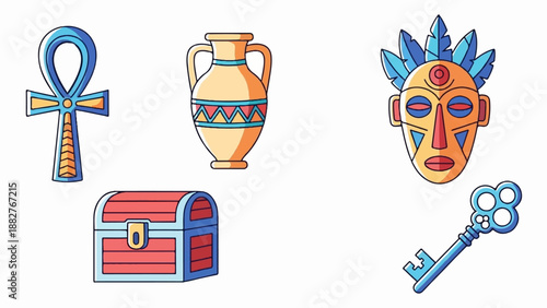 Ancient artifacts and symbols an ankh, a pot, a mask, a chest, and a key