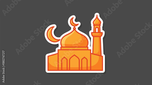 Cartoonish Islamic mosque with dome and minaret under crescent moon