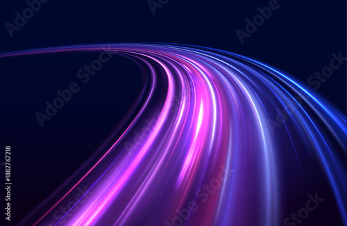 Neon laser streaks curve along city highway. Motion lines, purple and blue light waves, energy trails mix with flashes creating futuristic traffic movement. Vector illustration.