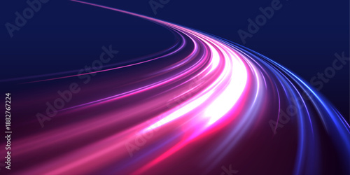 Neon laser streaks curve along city highway. Motion lines, purple and blue light waves, energy trails mix with flashes creating futuristic traffic movement. Vector illustration.