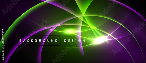 Abstract design features vibrant purple, green curves. Light streaks create dynamic, modern visual effect. Background is black.