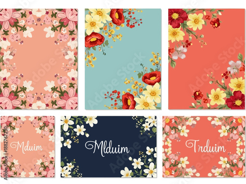 Collection of floral designs and patterns on rectangular backgrounds with various colors and flower arrangements